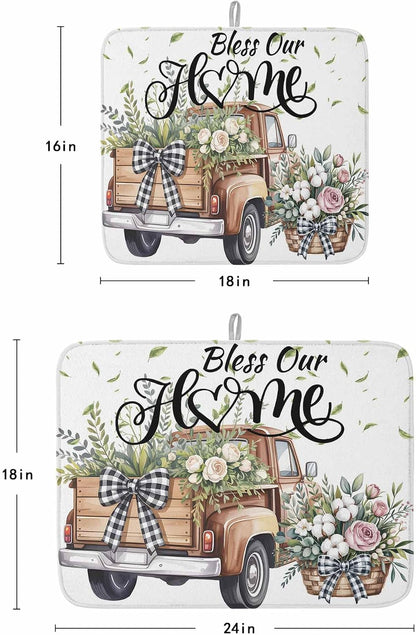 Truck Spring Floral Dish Drying Mat, Pink Green Flowers Watercolor Absorbent Dish Drying Matt Pad for Kitchen Countertops, Sinks, Dish Drainer Racks, Small 16x18in 1PC
