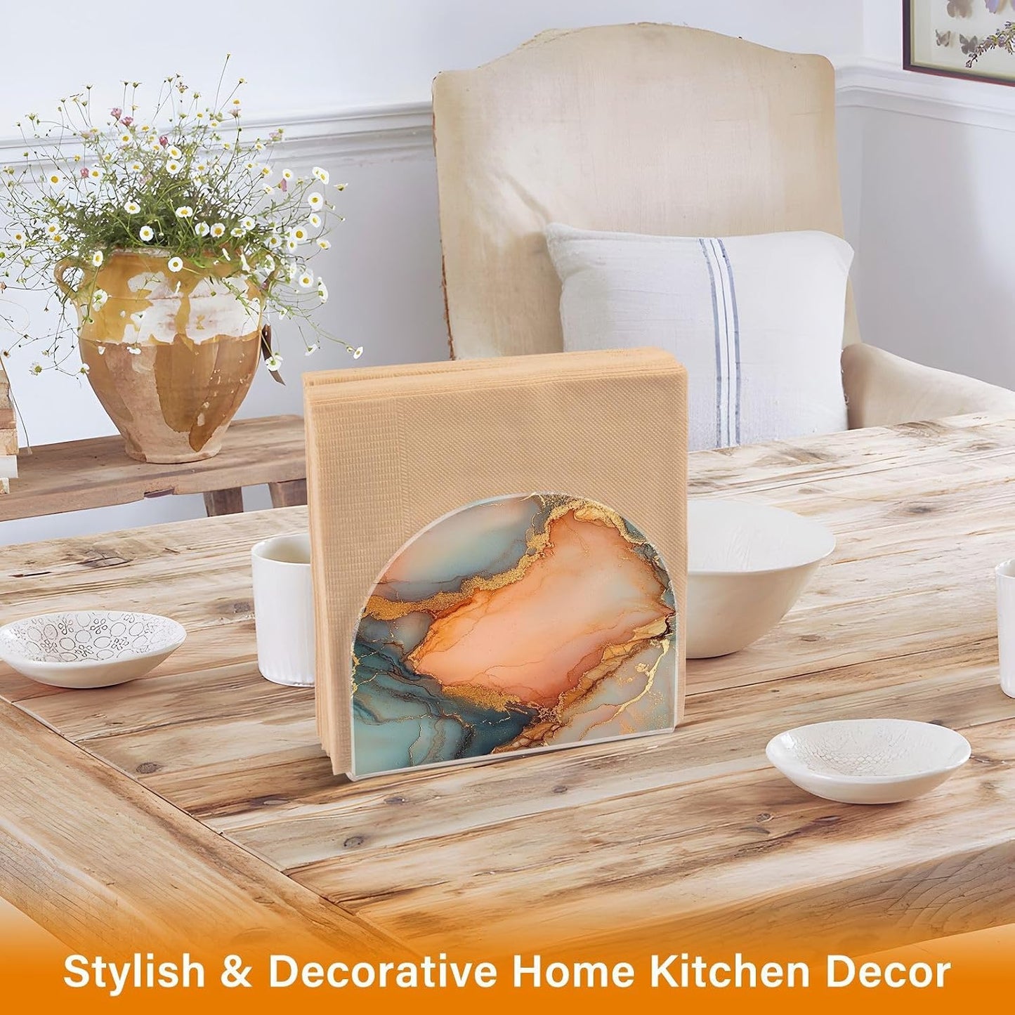Tabletop Napkin Holder 1 Pack 4mm Thick Acrylic Double-Sided Printed Fits Dinner/Cocktail Napkins Home & Kitchen Use Easy to Clean Marble Peach Gold