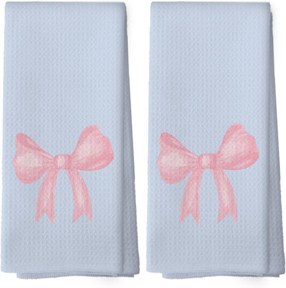 Coquette Blue Pink Bow Girls Gifts Kitchen Towels Set of 2, College Dorm Bow Ribbon Hand Towels for Bathroom Decorative Dish Towels, Coquette Girly Bathroom Decor, 16x24 Inch
