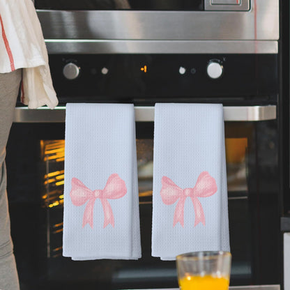 Coquette Blue Pink Bow Girls Gifts Kitchen Towels Set of 2, College Dorm Bow Ribbon Hand Towels for Bathroom Decorative Dish Towels, Coquette Girly Bathroom Decor, 16x24 Inch