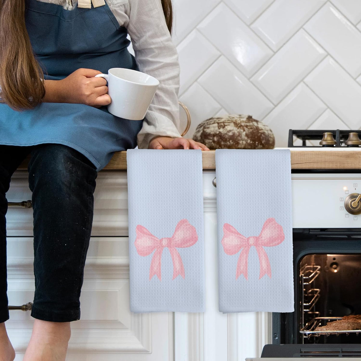Coquette Blue Pink Bow Girls Gifts Kitchen Towels Set of 2, College Dorm Bow Ribbon Hand Towels for Bathroom Decorative Dish Towels, Coquette Girly Bathroom Decor, 16x24 Inch