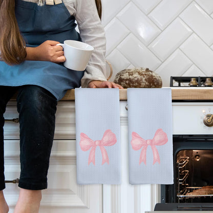 Coquette Blue Pink Bow Girls Gifts Kitchen Towels Set of 2, College Dorm Bow Ribbon Hand Towels for Bathroom Decorative Dish Towels, Coquette Girly Bathroom Decor, 16x24 Inch