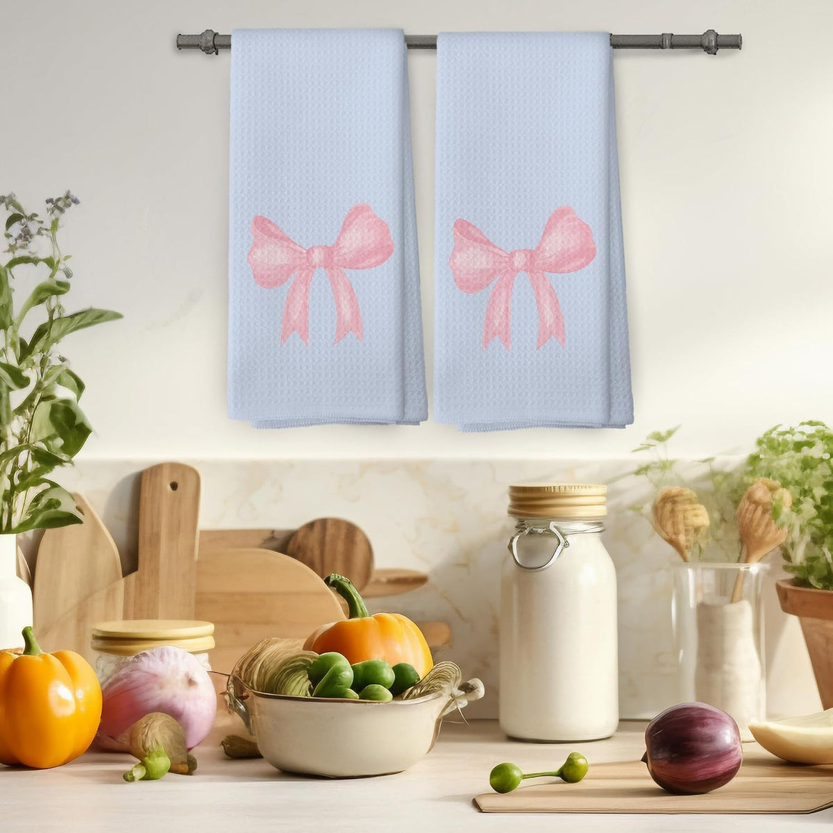 Coquette Blue Pink Bow Girls Gifts Kitchen Towels Set of 2, College Dorm Bow Ribbon Hand Towels for Bathroom Decorative Dish Towels, Coquette Girly Bathroom Decor, 16x24 Inch