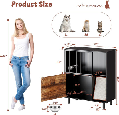 Dog Proof Cat Feeding Station, Cat Feeding Station Furniture with Storage and Cats Scratching Board, 2 Raised Pet Food and Water Bowl for Indoor Cats, Large Pet Cabinet