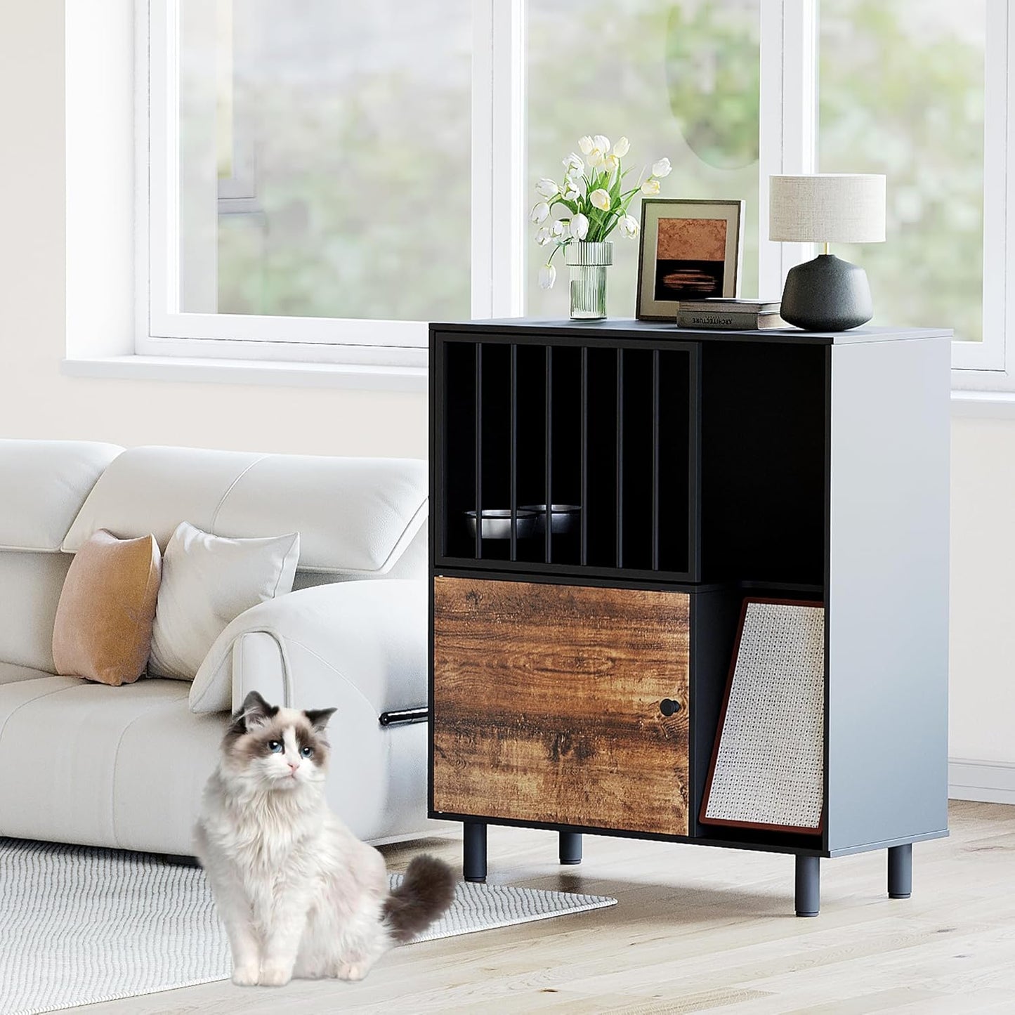 Dog Proof Cat Feeding Station, Cat Feeding Station Furniture with Storage and Cats Scratching Board, 2 Raised Pet Food and Water Bowl for Indoor Cats, Large Pet Cabinet