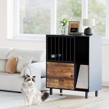 Dog Proof Cat Feeding Station, Cat Feeding Station Furniture with Storage and Cats Scratching Board, 2 Raised Pet Food and Water Bowl for Indoor Cats, Large Pet Cabinet