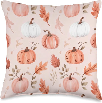 Pastel Pink Autumn Leaves Fall Pumpkin Cute Aesthetic Autumn Throw Pillow