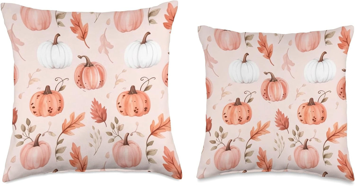 Pastel Pink Autumn Leaves Fall Pumpkin Cute Aesthetic Autumn Throw Pillow