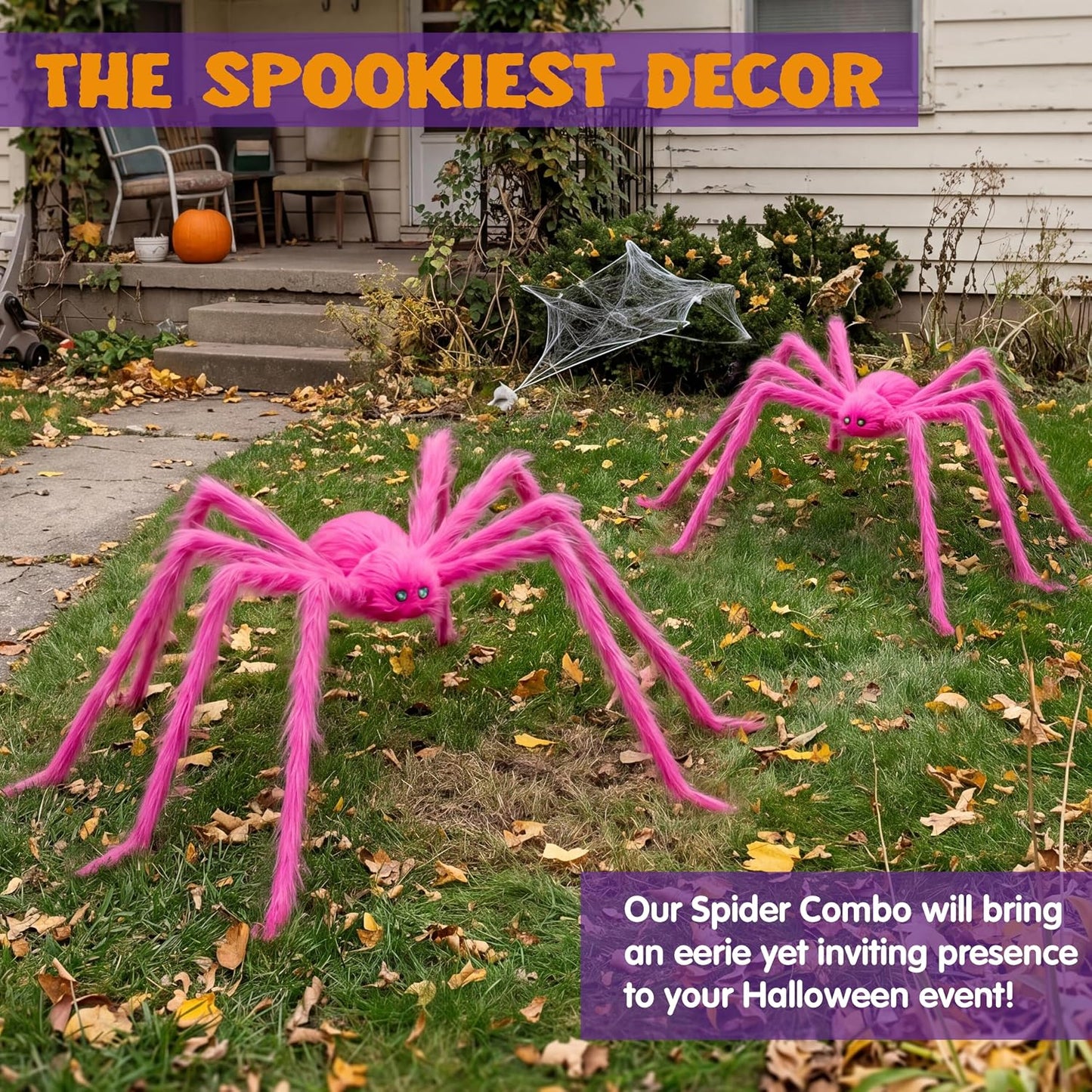 2 Pack 5 Ft Halloween Outdoor Decorations Hairy Pink Spider, Scary Giant Spider, Fake Large Haunted House Props, Halloween Yard Lawn Decorations Party Indoor Decor.