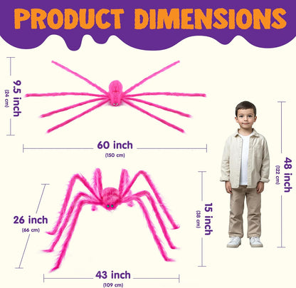 2 Pack 5 Ft Halloween Outdoor Decorations Hairy Pink Spider, Scary Giant Spider, Fake Large Haunted House Props, Halloween Yard Lawn Decorations Party Indoor Decor.