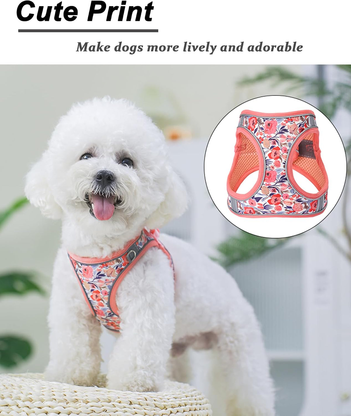 M Peach Flower Pattern Dog Harness and Leash Set,No Escape Puppy Harnesses for Training Walking，Breathable Adjustable Puppy Vest for Small Medium Dogs, Cats (Peach, M)