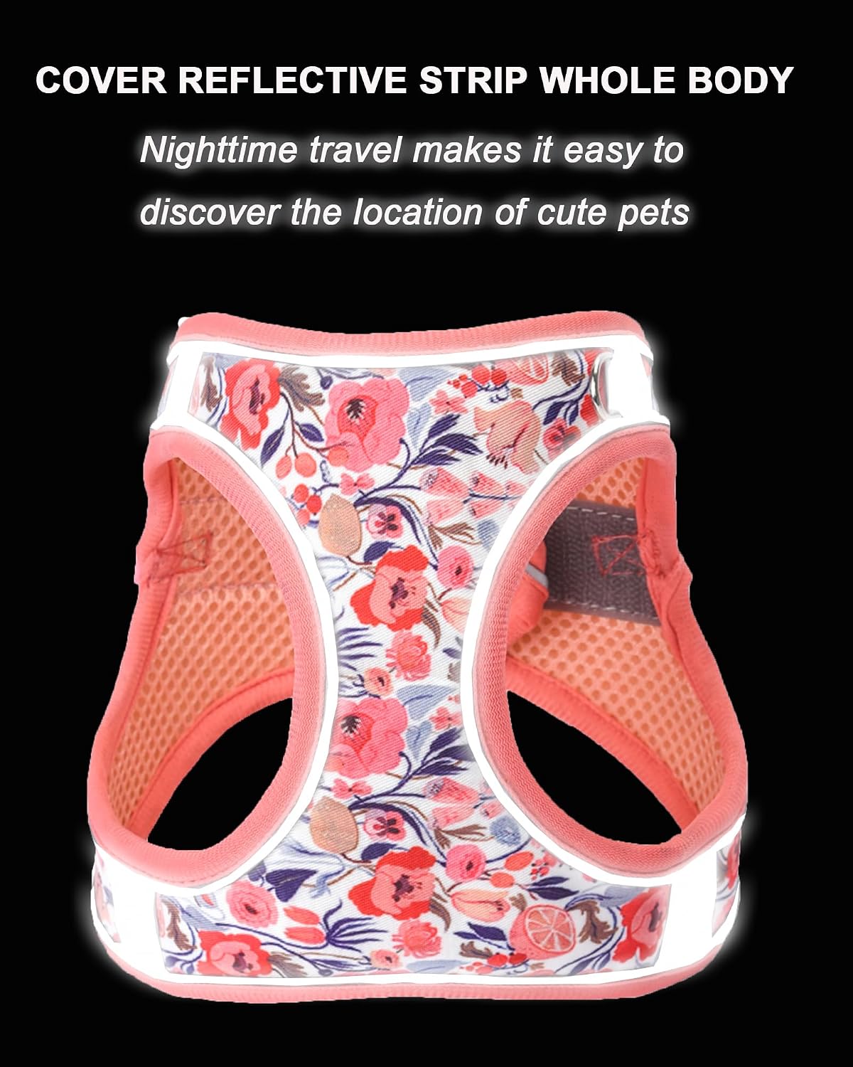 M Peach Flower Pattern Dog Harness and Leash Set,No Escape Puppy Harnesses for Training Walking，Breathable Adjustable Puppy Vest for Small Medium Dogs, Cats (Peach, M)