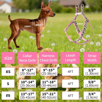 Leopard Dog Harness Collar Leash Set, Adjustable No Pull Dog Halter Harness for Small Breed Dogs, Easy Control for Training Walking (Pink, XS Chest 9"-15", Neck 8"-12")