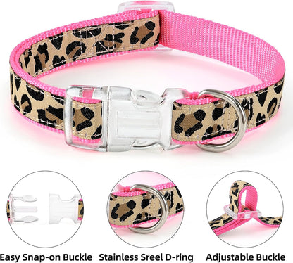 Leopard Dog Harness Collar Leash Set, Adjustable No Pull Dog Halter Harness for Small Breed Dogs, Easy Control for Training Walking (Pink, XS Chest 9"-15", Neck 8"-12")