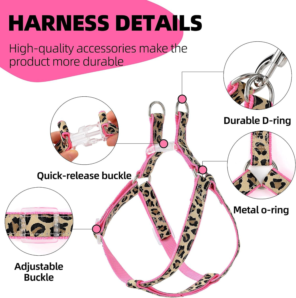 Leopard Dog Harness Collar Leash Set, Adjustable No Pull Dog Halter Harness for Small Breed Dogs, Easy Control for Training Walking (Pink, XS Chest 9"-15", Neck 8"-12")