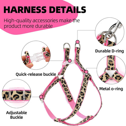 Leopard Dog Harness Collar Leash Set, Adjustable No Pull Dog Halter Harness for Small Breed Dogs, Easy Control for Training Walking (Pink, XS Chest 9"-15", Neck 8"-12")