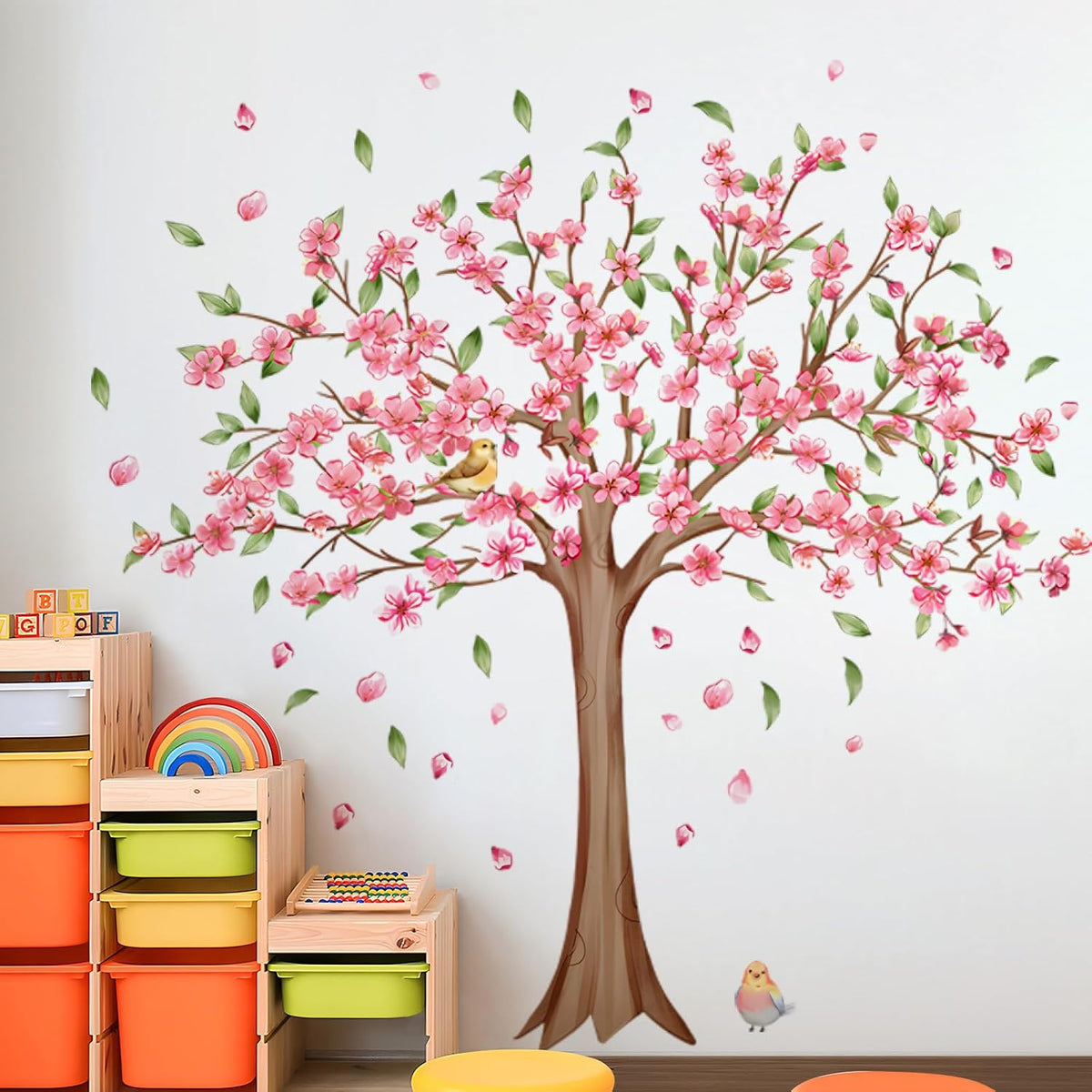 Large Cherry Blossom Tree Wall Decals Pink Peach Flowers Wall Stickers Tree Branch Birds Floral Green Leaves Wall Art Plum Blossom Vinyl Removable Wallpaper for Kids Nursery Home Decor 9265