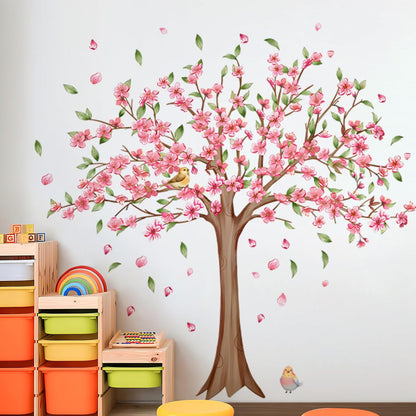 Large Cherry Blossom Tree Wall Decals Pink Peach Flowers Wall Stickers Tree Branch Birds Floral Green Leaves Wall Art Plum Blossom Vinyl Removable Wallpaper for Kids Nursery Home Decor 9265
