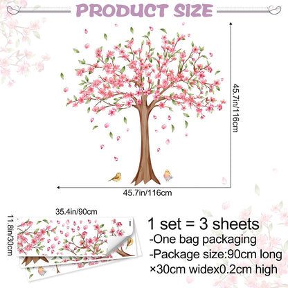 Large Cherry Blossom Tree Wall Decals Pink Peach Flowers Wall Stickers Tree Branch Birds Floral Green Leaves Wall Art Plum Blossom Vinyl Removable Wallpaper for Kids Nursery Home Decor 9265