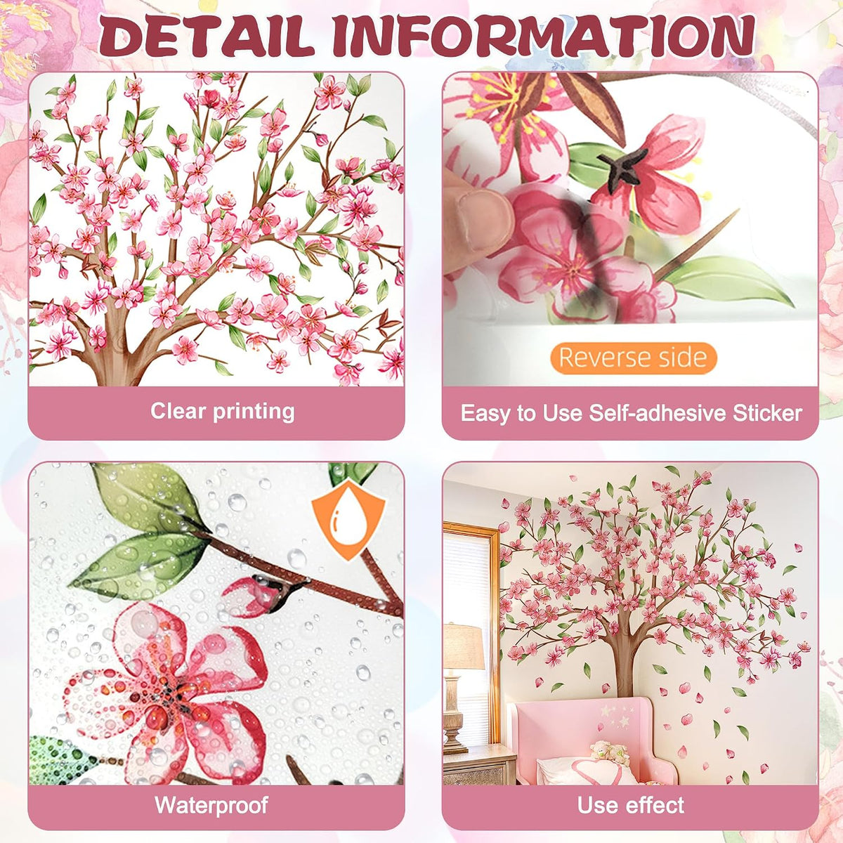 Large Cherry Blossom Tree Wall Decals Pink Peach Flowers Wall Stickers Tree Branch Birds Floral Green Leaves Wall Art Plum Blossom Vinyl Removable Wallpaper for Kids Nursery Home Decor 9265