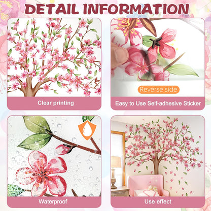 Large Cherry Blossom Tree Wall Decals Pink Peach Flowers Wall Stickers Tree Branch Birds Floral Green Leaves Wall Art Plum Blossom Vinyl Removable Wallpaper for Kids Nursery Home Decor 9265