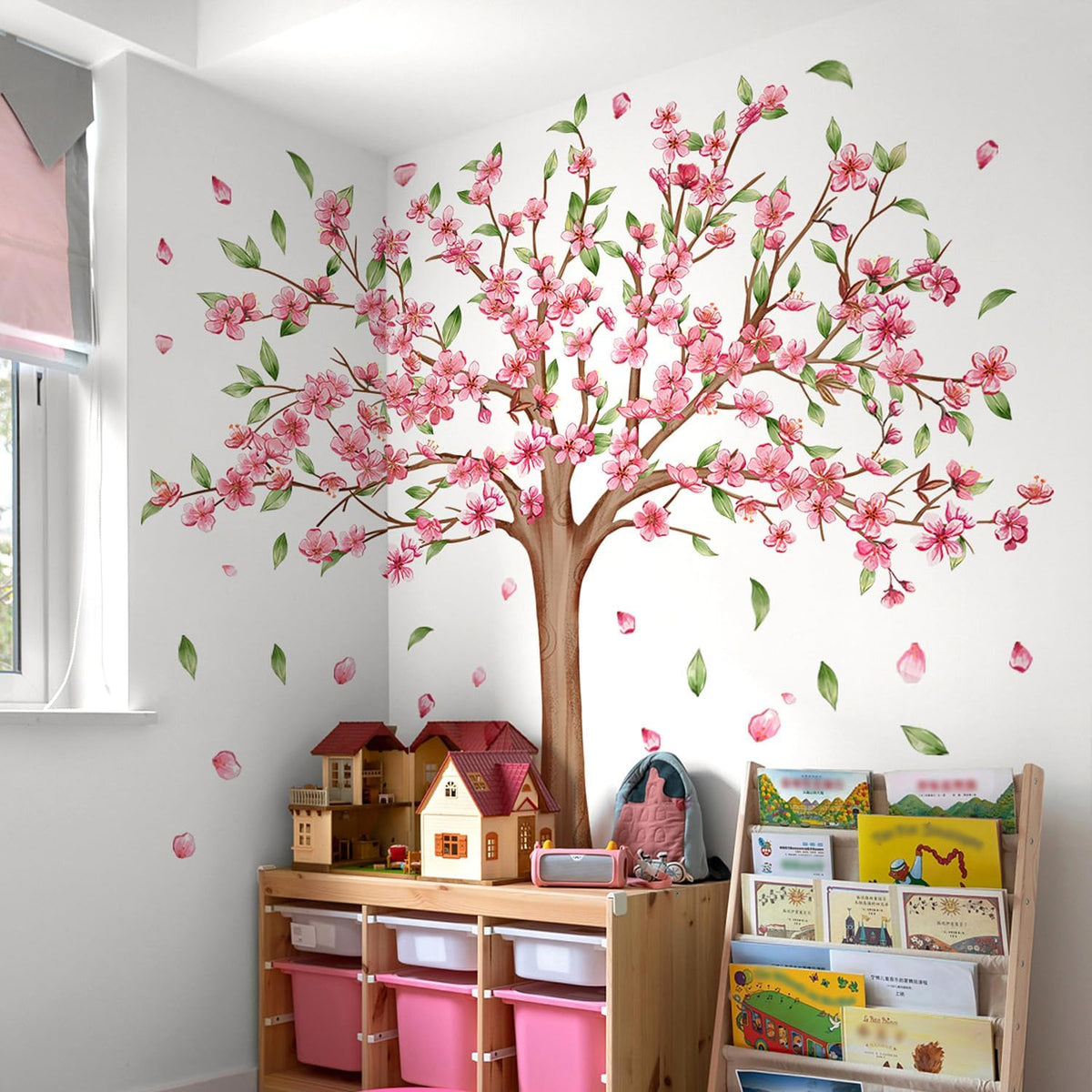 Large Cherry Blossom Tree Wall Decals Pink Peach Flowers Wall Stickers Tree Branch Birds Floral Green Leaves Wall Art Plum Blossom Vinyl Removable Wallpaper for Kids Nursery Home Decor 9265