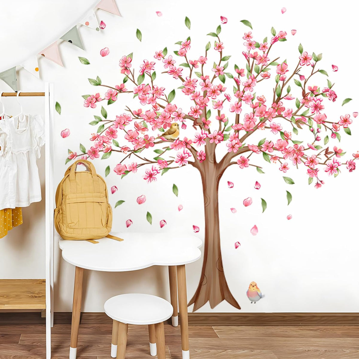 Large Cherry Blossom Tree Wall Decals Pink Peach Flowers Wall Stickers Tree Branch Birds Floral Green Leaves Wall Art Plum Blossom Vinyl Removable Wallpaper for Kids Nursery Home Decor 9265