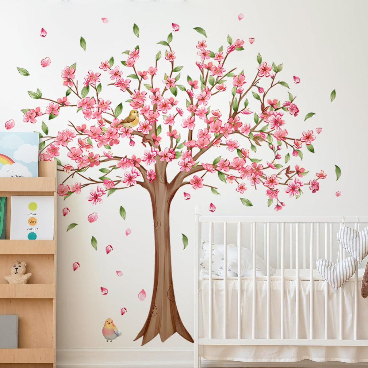 Large Cherry Blossom Tree Wall Decals Pink Peach Flowers Wall Stickers Tree Branch Birds Floral Green Leaves Wall Art Plum Blossom Vinyl Removable Wallpaper for Kids Nursery Home Decor 9265