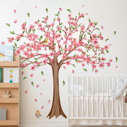 Large Cherry Blossom Tree Wall Decals Pink Peach Flowers Wall Stickers Tree Branch Birds Floral Green Leaves Wall Art Plum Blossom Vinyl Removable Wallpaper for Kids Nursery Home Decor 9265