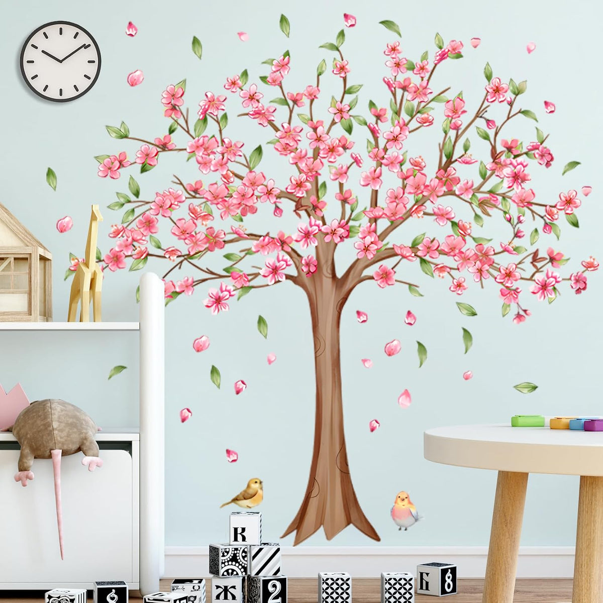 Large Cherry Blossom Tree Wall Decals Pink Peach Flowers Wall Stickers Tree Branch Birds Floral Green Leaves Wall Art Plum Blossom Vinyl Removable Wallpaper for Kids Nursery Home Decor 9265