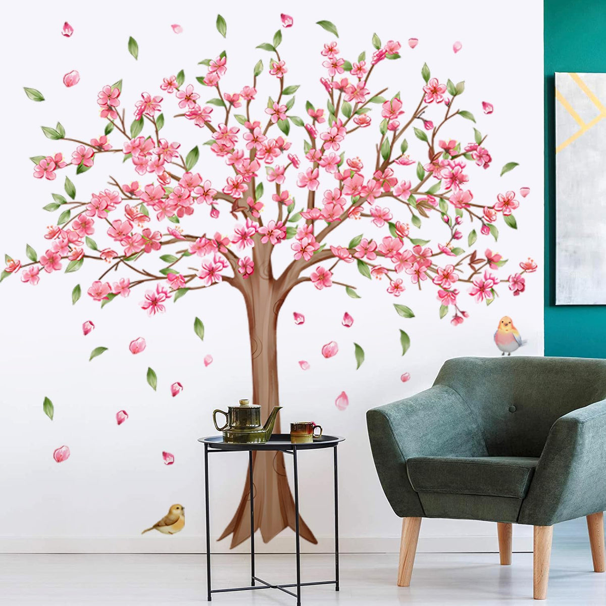 Large Cherry Blossom Tree Wall Decals Pink Peach Flowers Wall Stickers Tree Branch Birds Floral Green Leaves Wall Art Plum Blossom Vinyl Removable Wallpaper for Kids Nursery Home Decor 9265
