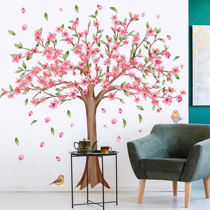 Large Cherry Blossom Tree Wall Decals Pink Peach Flowers Wall Stickers Tree Branch Birds Floral Green Leaves Wall Art Plum Blossom Vinyl Removable Wallpaper for Kids Nursery Home Decor 9265
