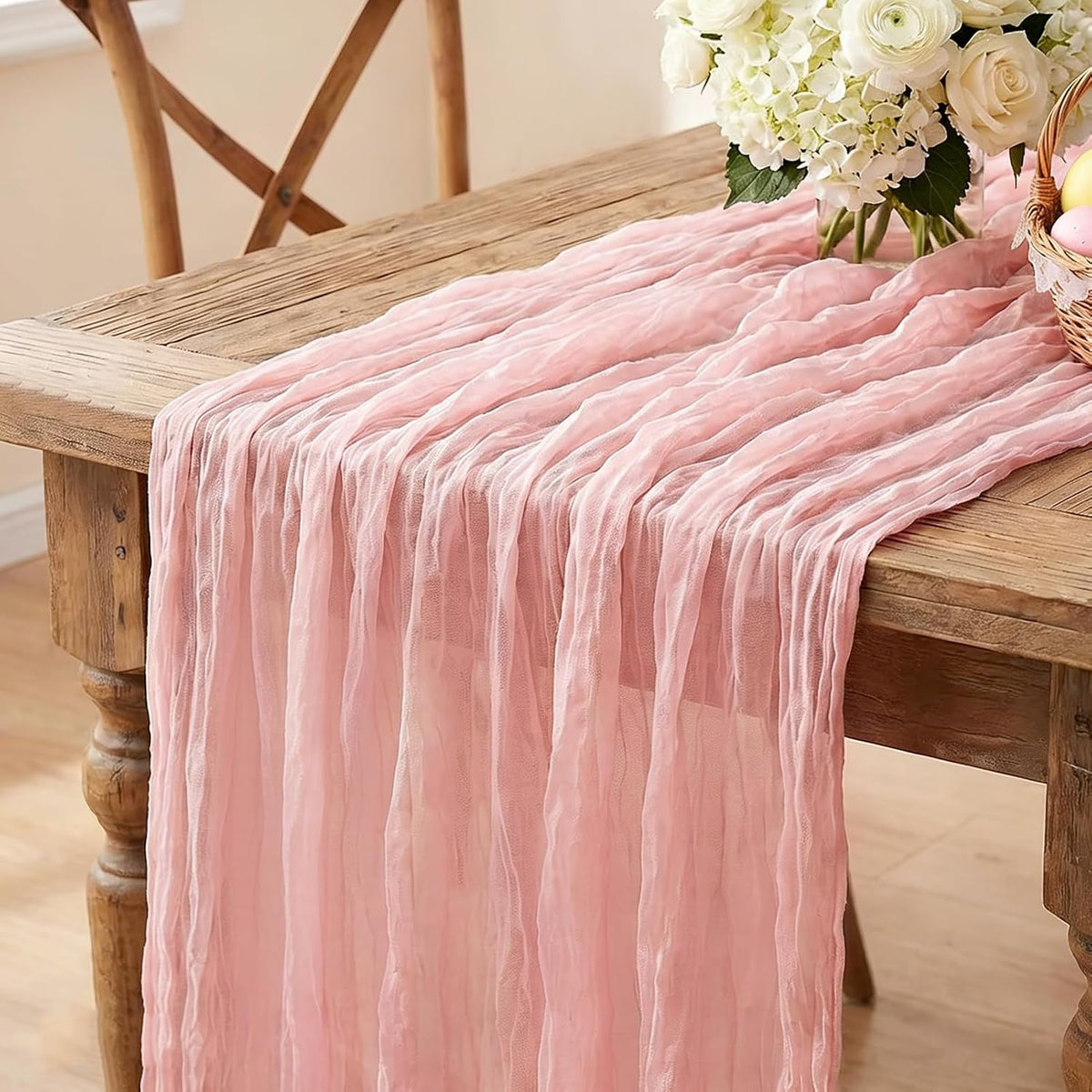 Pink Cheesecloth Table Runner, 10FT Dusty Pink Boho Gauze Table Runner for Spring Easter Girl Baby Shower Bridal Shower Wedding Tea Party Pink Birthday Decorations