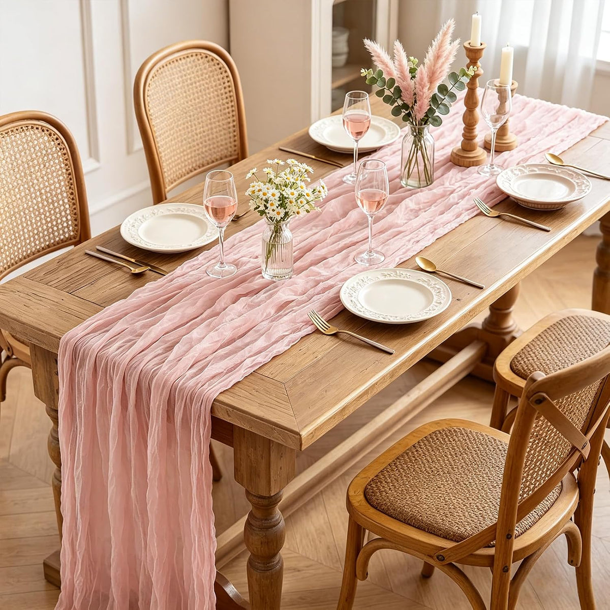 Pink Cheesecloth Table Runner, 10FT Dusty Pink Boho Gauze Table Runner for Spring Easter Girl Baby Shower Bridal Shower Wedding Tea Party Pink Birthday Decorations