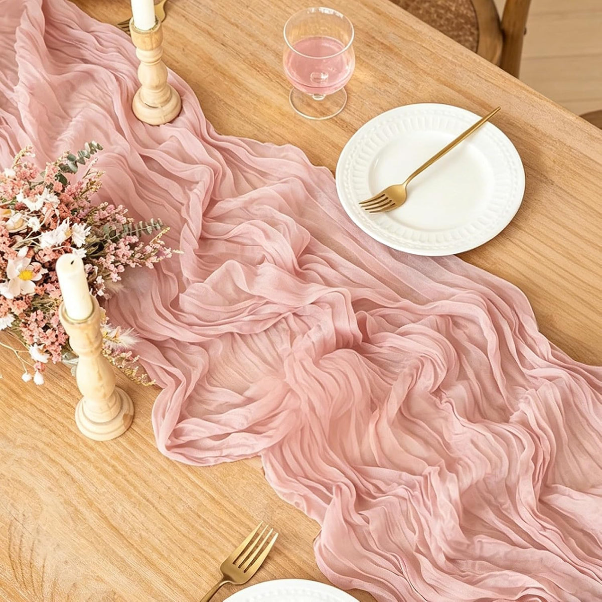 Pink Cheesecloth Table Runner, 10FT Dusty Pink Boho Gauze Table Runner for Spring Easter Girl Baby Shower Bridal Shower Wedding Tea Party Pink Birthday Decorations