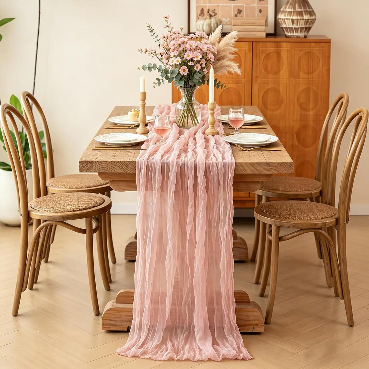 Pink Cheesecloth Table Runner, 10FT Dusty Pink Boho Gauze Table Runner for Spring Easter Girl Baby Shower Bridal Shower Wedding Tea Party Pink Birthday Decorations