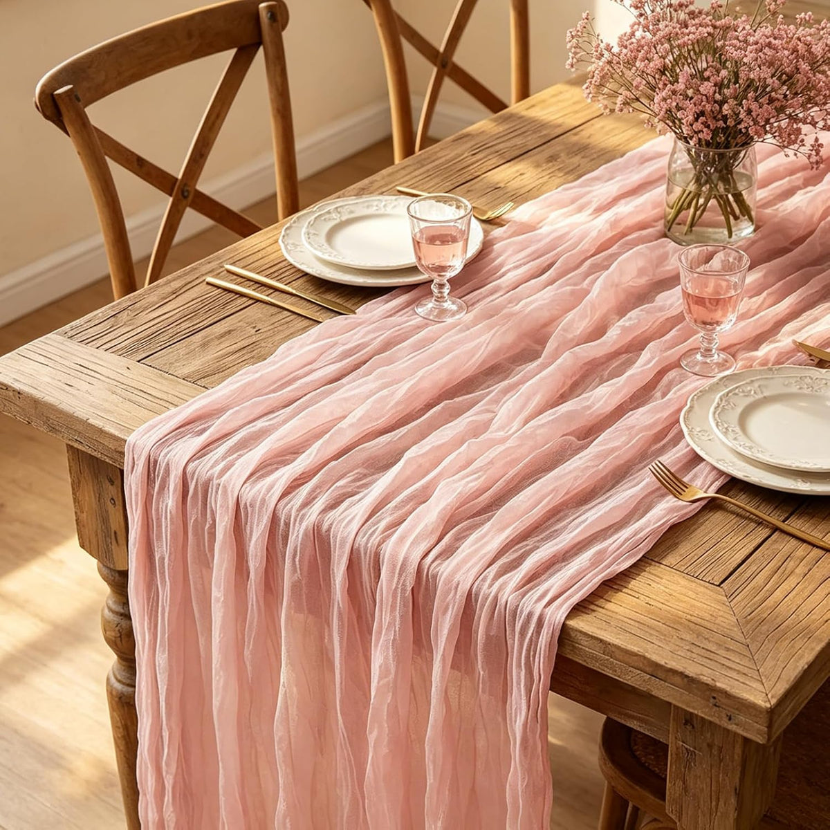 Pink Cheesecloth Table Runner, 10FT Dusty Pink Boho Gauze Table Runner for Spring Easter Girl Baby Shower Bridal Shower Wedding Tea Party Pink Birthday Decorations
