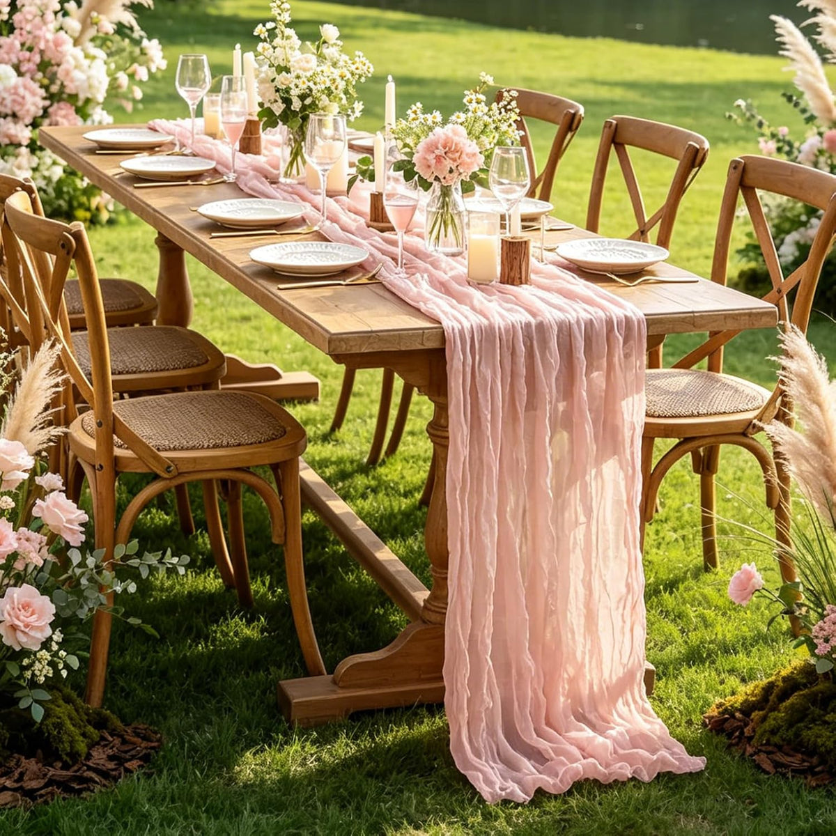 Pink Cheesecloth Table Runner, 10FT Dusty Pink Boho Gauze Table Runner for Spring Easter Girl Baby Shower Bridal Shower Wedding Tea Party Pink Birthday Decorations