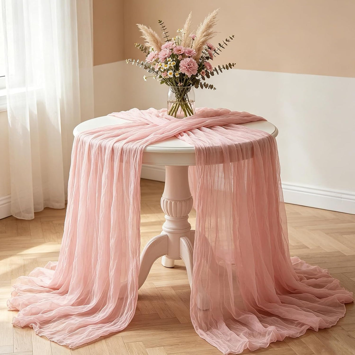Pink Cheesecloth Table Runner, 10FT Dusty Pink Boho Gauze Table Runner for Spring Easter Girl Baby Shower Bridal Shower Wedding Tea Party Pink Birthday Decorations