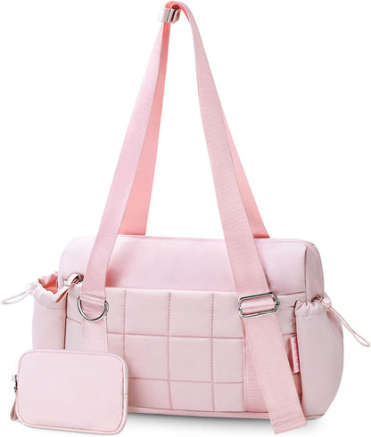 Mini Gym Bag for Women Puffy Bag, Small Gym Bag with Coin Wallet, Lightweight Gym Tote Bag for Fitness, Work, Travel, Daily Commute,Pink