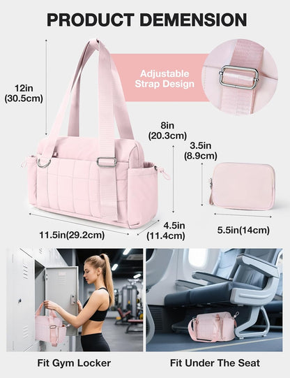 Mini Gym Bag for Women Puffy Bag, Small Gym Bag with Coin Wallet, Lightweight Gym Tote Bag for Fitness, Work, Travel, Daily Commute,Pink
