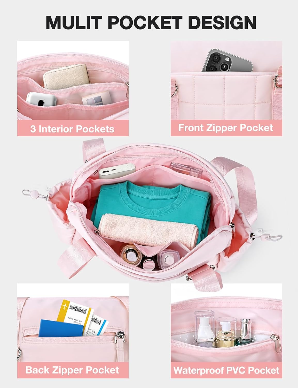 Mini Gym Bag for Women Puffy Bag, Small Gym Bag with Coin Wallet, Lightweight Gym Tote Bag for Fitness, Work, Travel, Daily Commute,Pink
