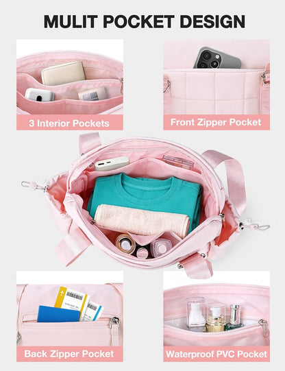 Mini Gym Bag for Women Puffy Bag, Small Gym Bag with Coin Wallet, Lightweight Gym Tote Bag for Fitness, Work, Travel, Daily Commute,Pink