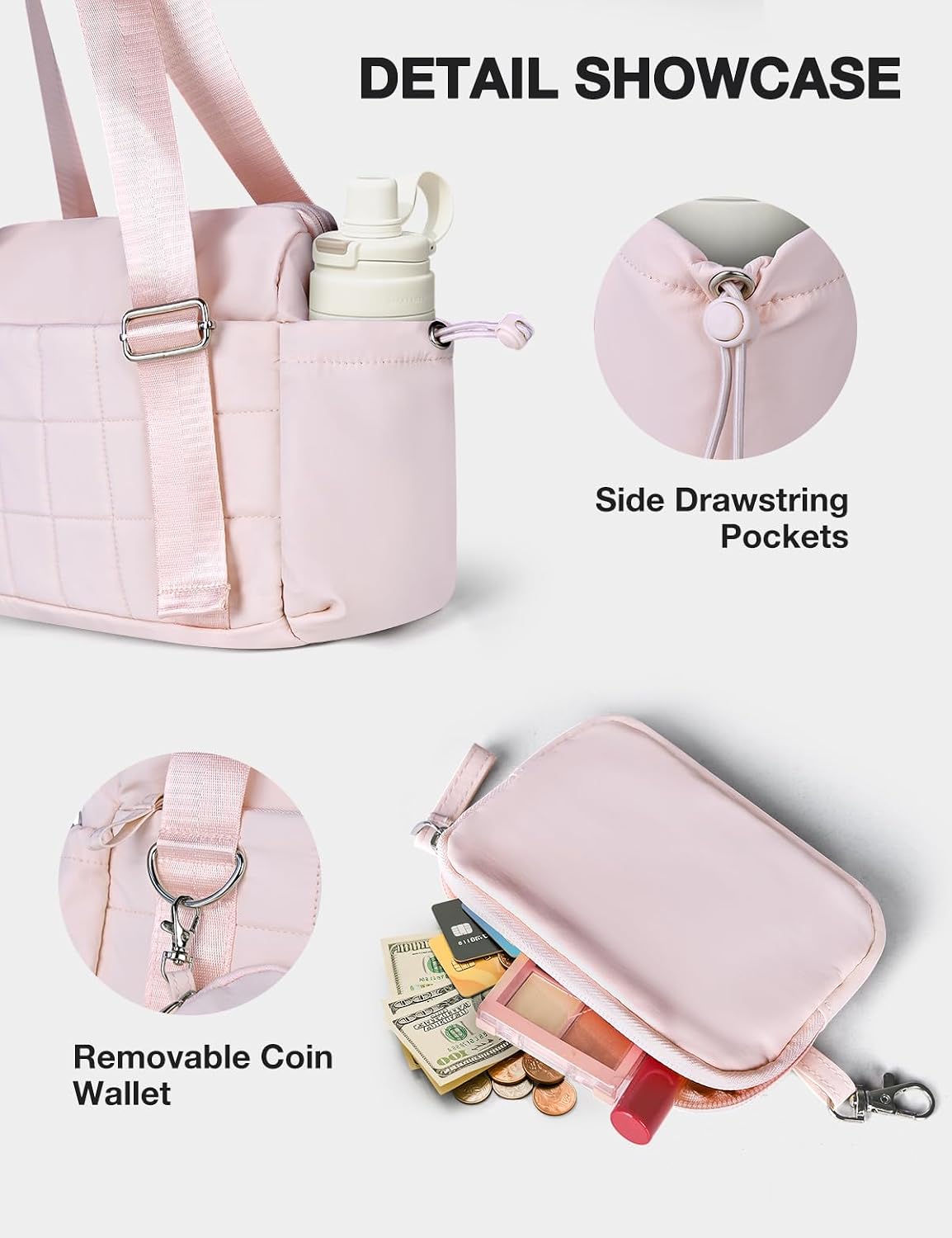 Mini Gym Bag for Women Puffy Bag, Small Gym Bag with Coin Wallet, Lightweight Gym Tote Bag for Fitness, Work, Travel, Daily Commute,Pink