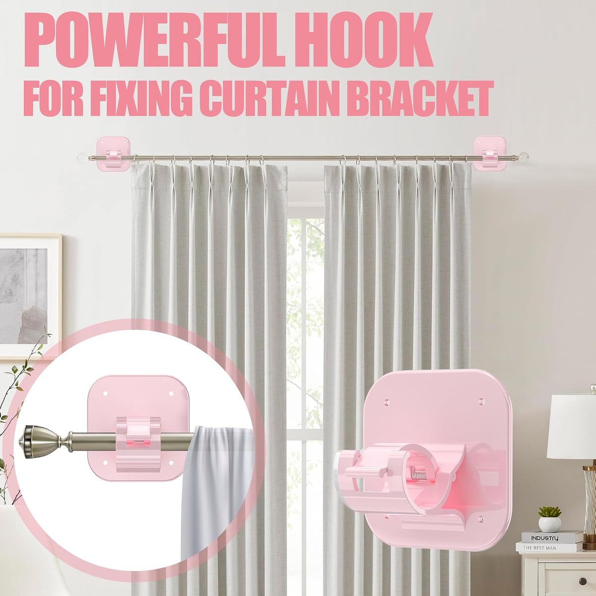 No Drill Curtain Rod Brackets-20LB, 4 Pack Self Adhesive Curtain Rod Holder