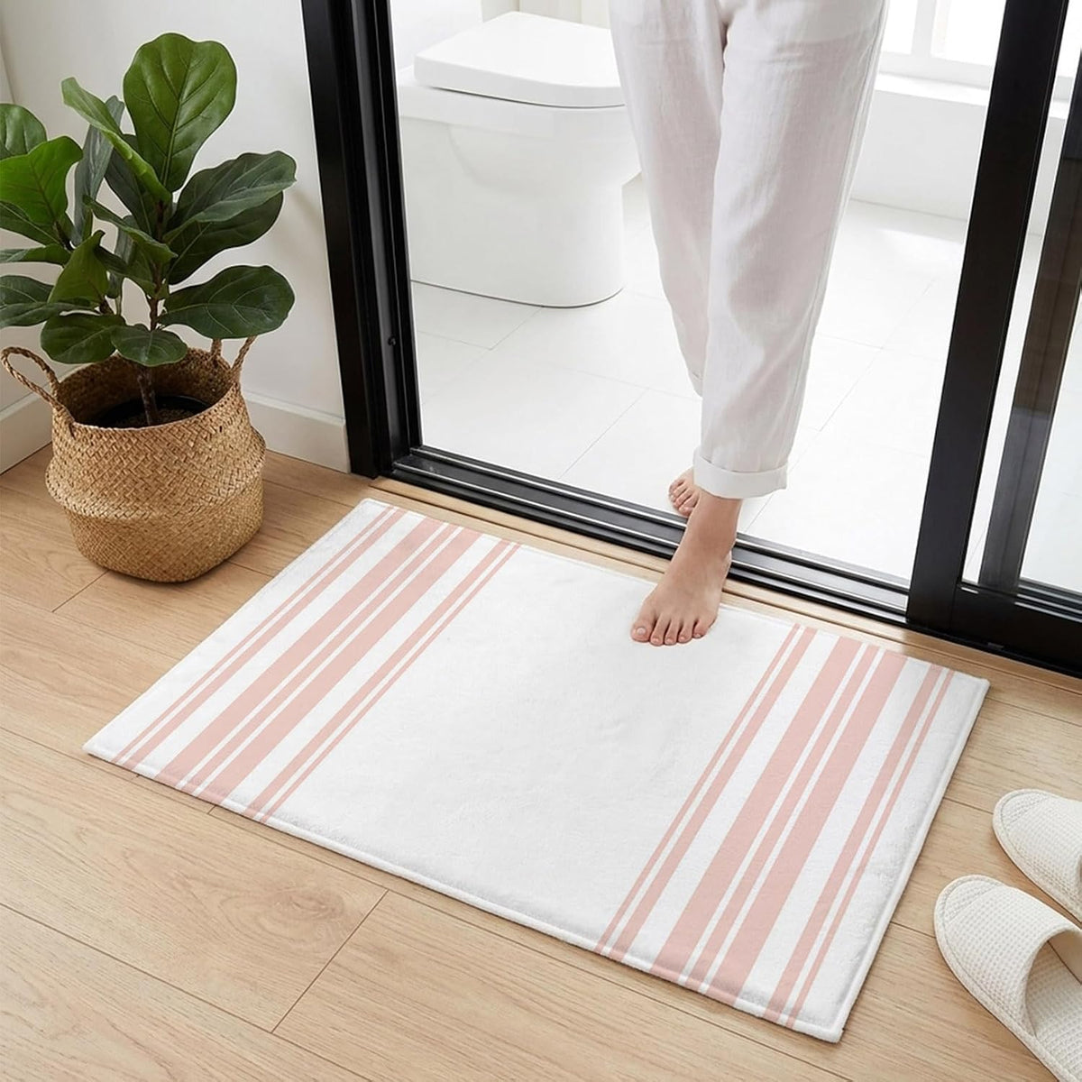 Non Slip Bath Mat for Bathroom Floor Tub, Minimalist Pink Striped Line on White Bathroom Rug Water Absorbent Soft Shaggy Rugs Indoor Doormats Vertical Lines Mats,16x24in