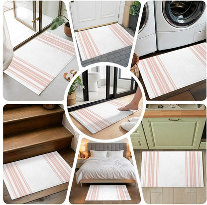 Non Slip Bath Mat for Bathroom Floor Tub, Minimalist Pink Striped Line on White Bathroom Rug Water Absorbent Soft Shaggy Rugs Indoor Doormats Vertical Lines Mats,16x24in
