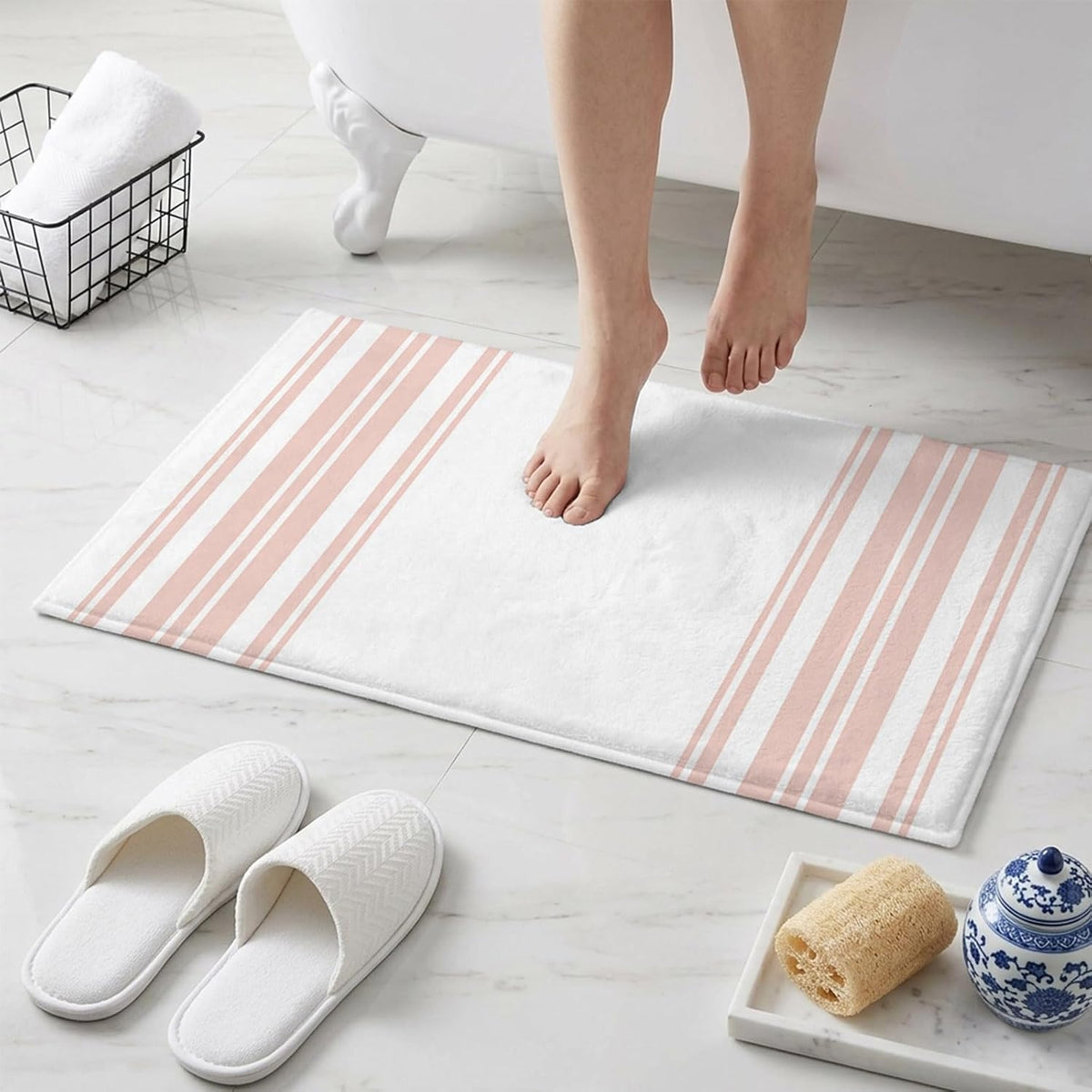 Non Slip Bath Mat for Bathroom Floor Tub, Minimalist Pink Striped Line on White Bathroom Rug Water Absorbent Soft Shaggy Rugs Indoor Doormats Vertical Lines Mats,16x24in