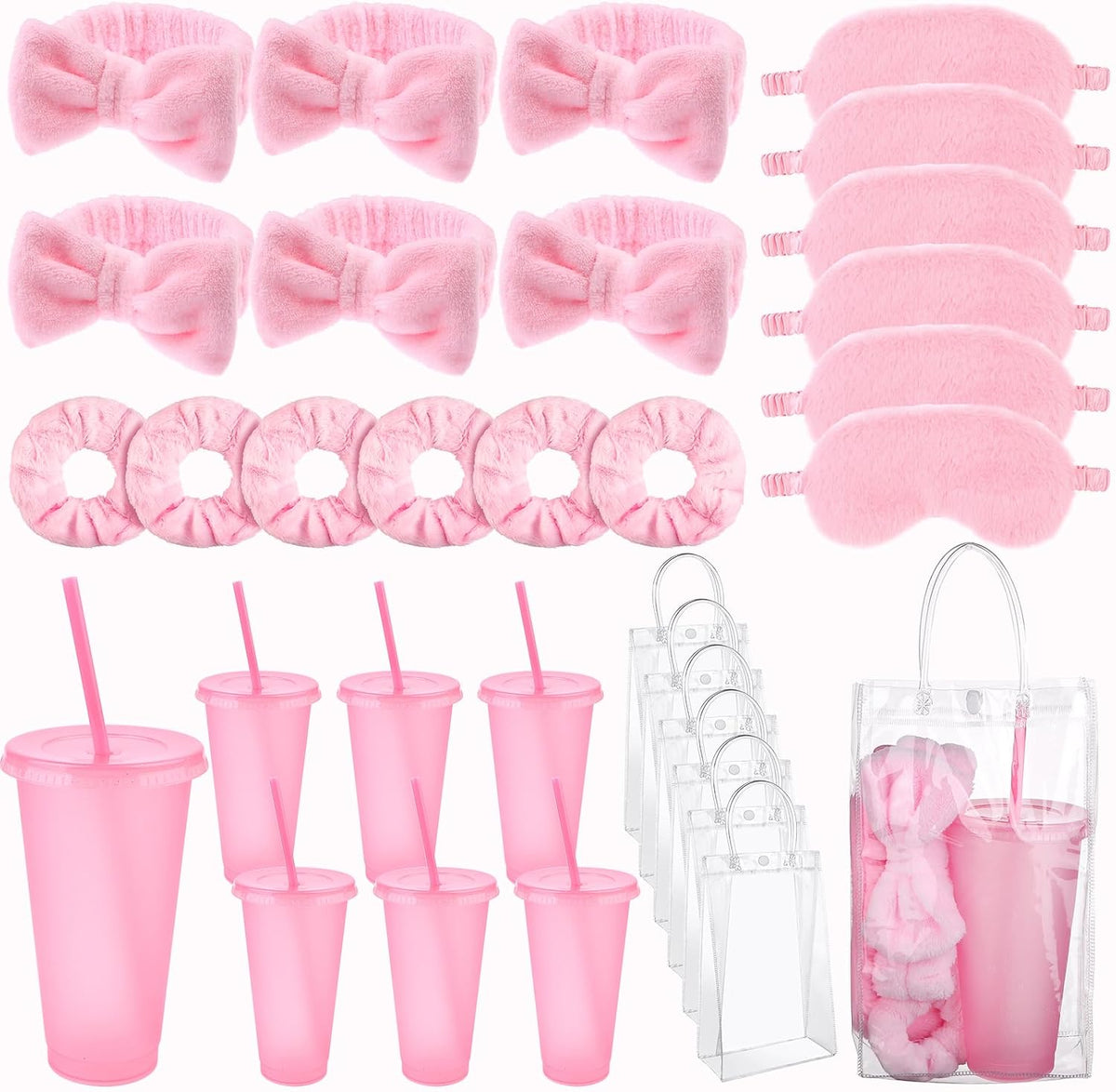 30 Pcs Spa Sleepover Party Supplies for Girls-6 Headband 6 Plush Sleep Eye Mask 6 Velvet Scrunchies 6 Clear Cosmetic Bags 6 Reusable Glitter Cups for Slumber Birthday Favors Gifts (Pink)