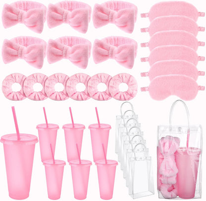 30 Pcs Spa Sleepover Party Supplies for Girls-6 Headband 6 Plush Sleep Eye Mask 6 Velvet Scrunchies 6 Clear Cosmetic Bags 6 Reusable Glitter Cups for Slumber Birthday Favors Gifts (Pink)
